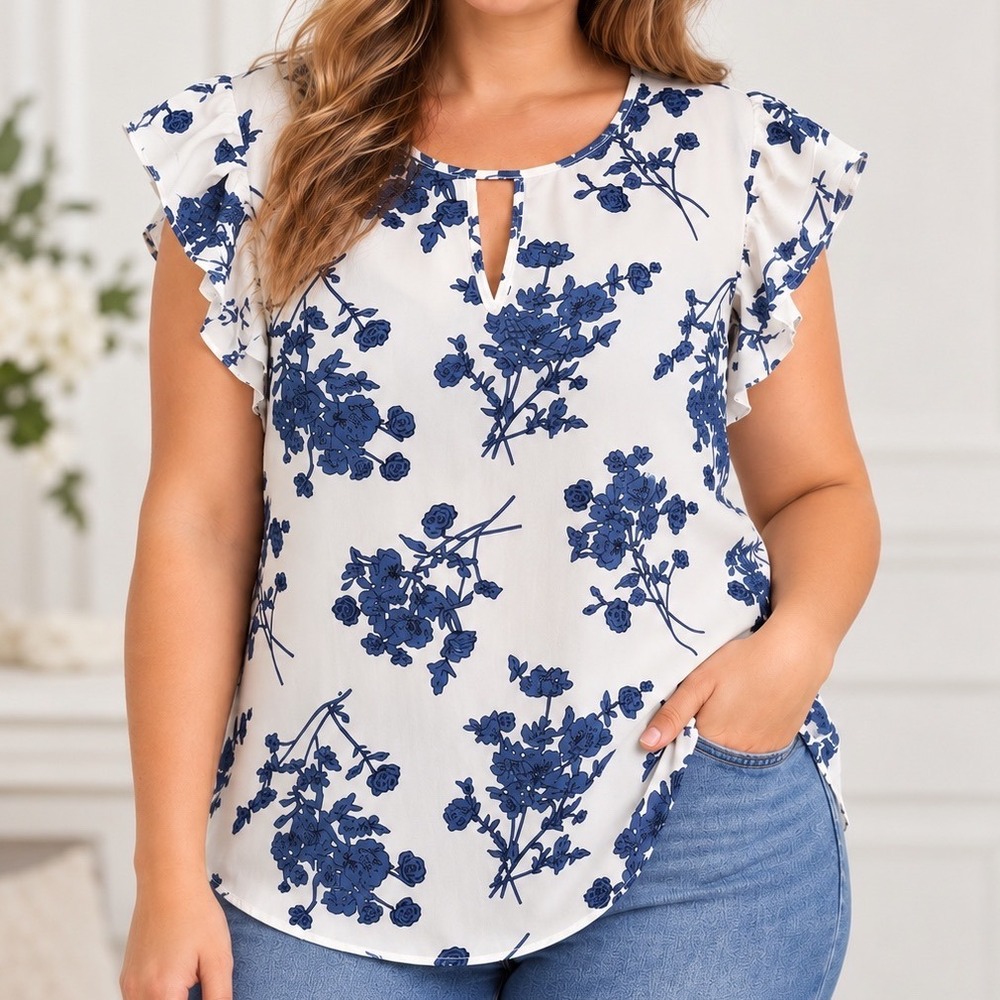 Blue White Floral Ruffle Top 2XL Romantic Cottagecore Coastal Grandmillennial